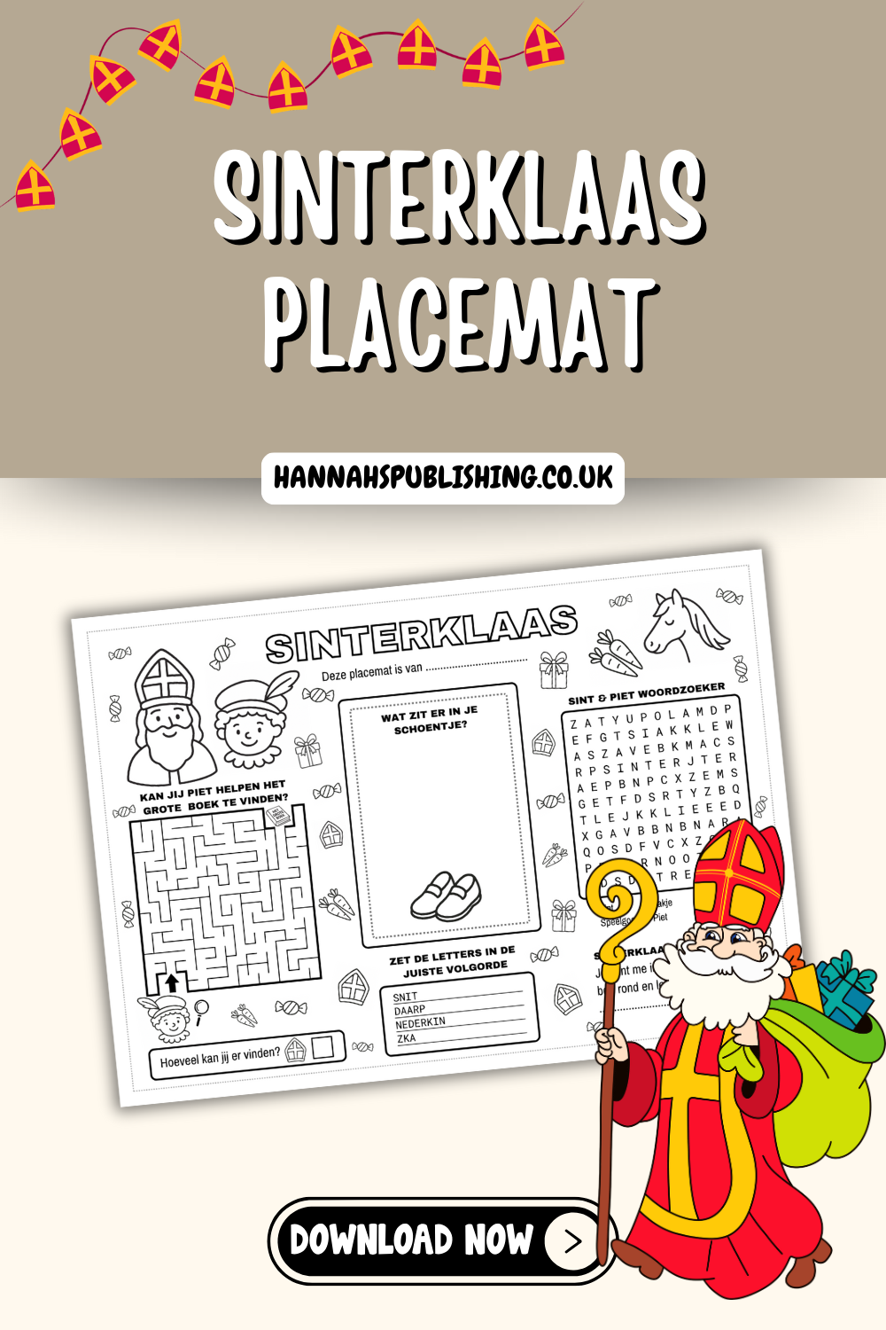 Sinterklaas Placemat met Kleurplaat, Dutch Sinterklaas Word Search, Spelletjesavond 5 December, Sinterklaas Kleurplaten Pakjesavond