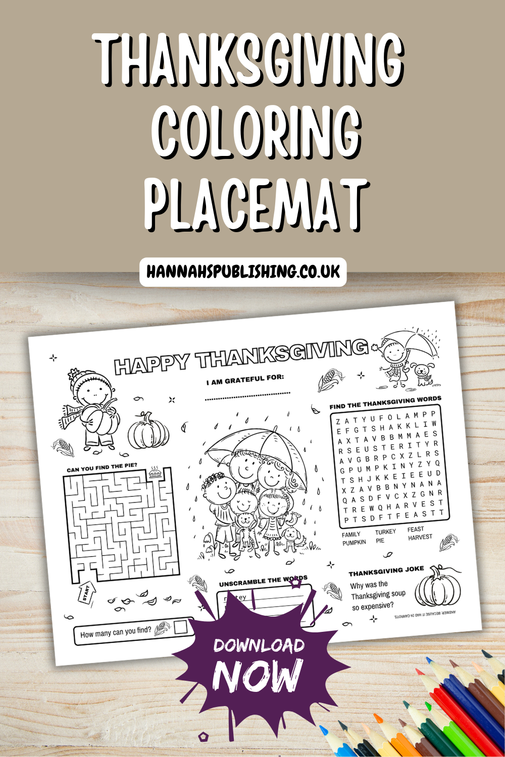 Thanksgiving Coloring Placemat for Kids, Printable Fall Activity Sheet, Fun Holiday Table Game, Thanksgiving Kids Activity Printable Games