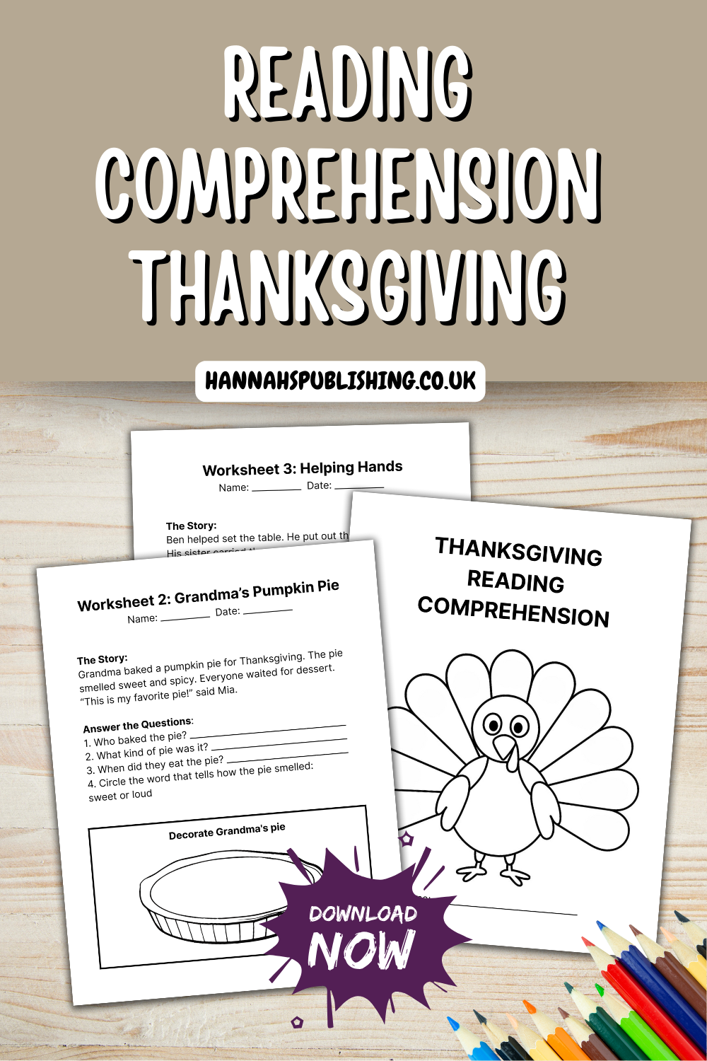 Reading Comprehension Thanksgiving Worksheets K-2 Printable Literacy Pack Word Search, Word Scramble, Sight Word Coloring & Activities