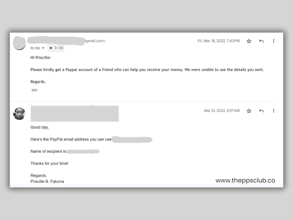 A screenshot of the email exchange, where we agree that someone else had to accept payment on my behalf.
