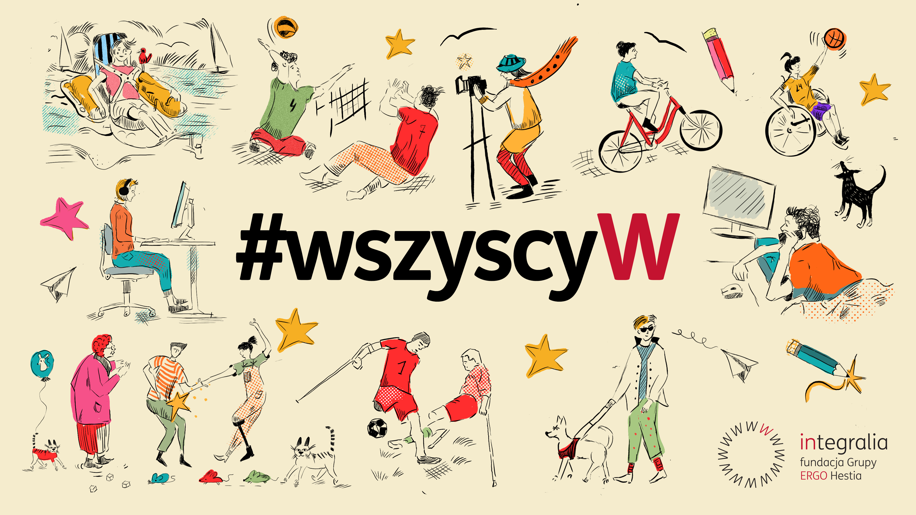 Ilustracje osób z niepełnosprawnościami. Napis hasztag wszyscy w