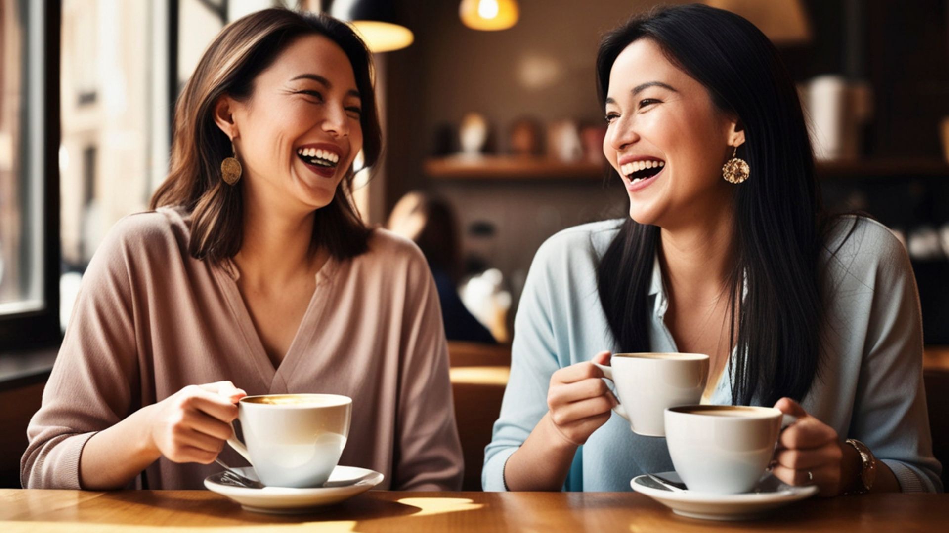 Middle aged women drinking coffee and laughing, enjoying a moment of enjoyment