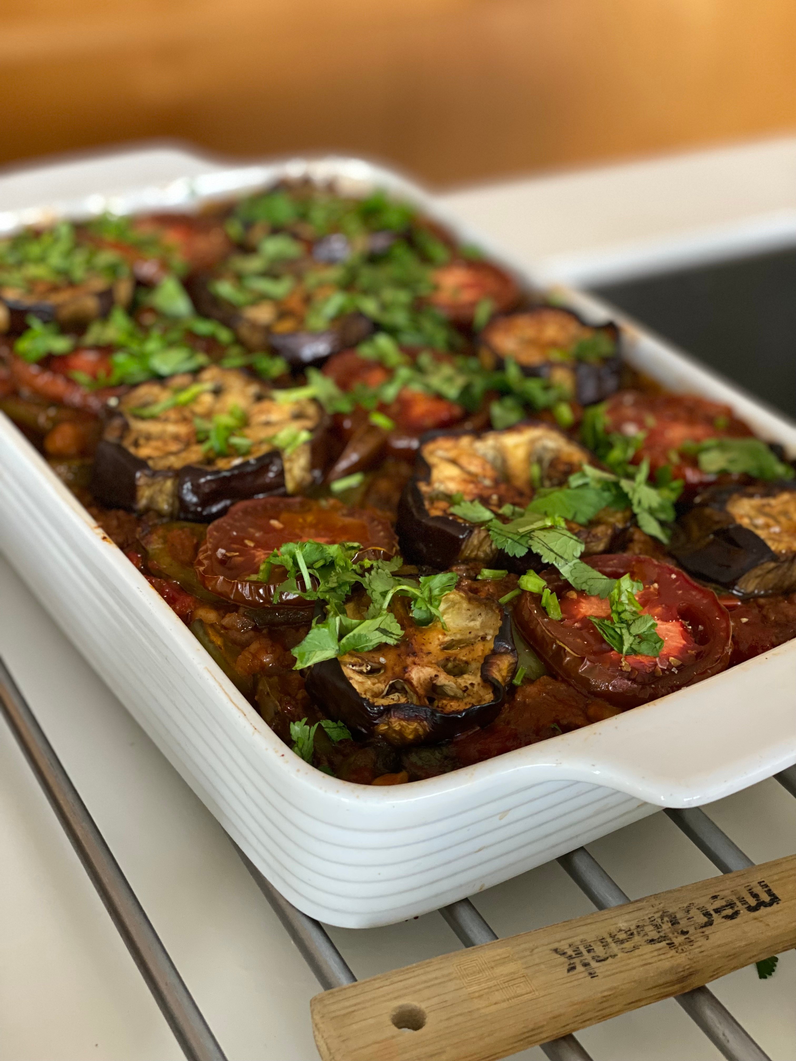 Moroccan Eggplant, Chickpea & Tomato Bake