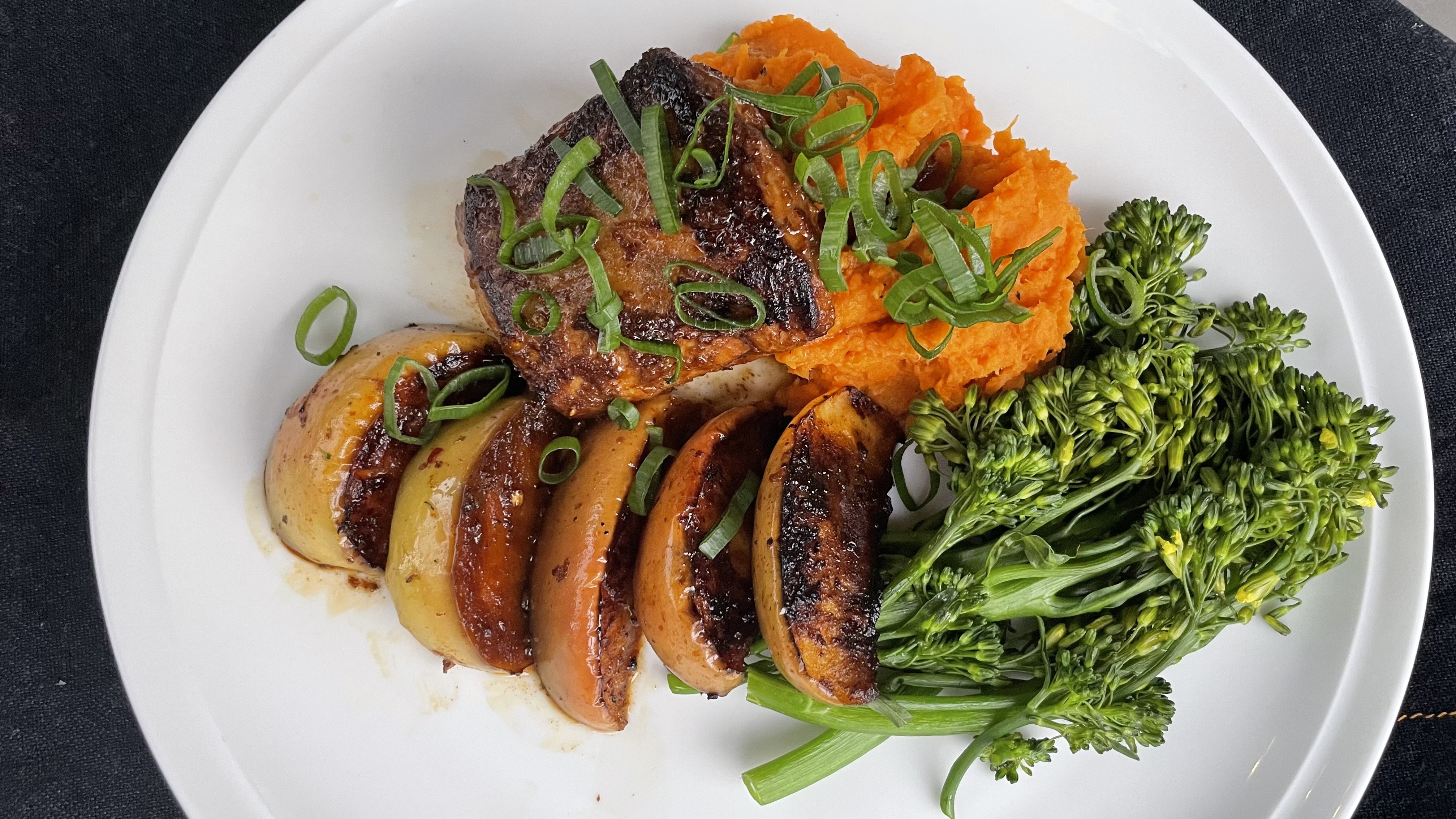 Glazed Pork with Sweet Potato and Roasted Apple