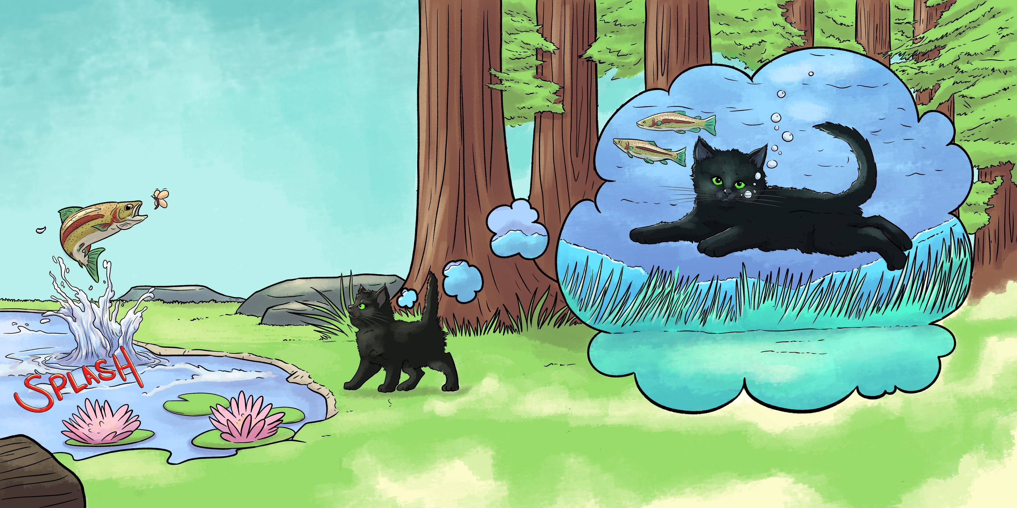 A kitten and a trout in the Redwood forest