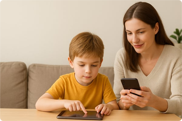 Parent using screen time workbook with child