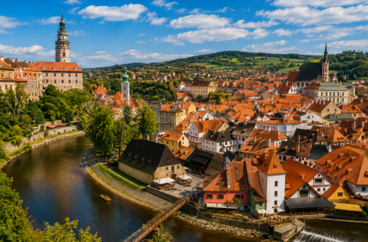 Cesky Krumlov Czech Republic panoramic scenic view of medieval town and Vltava River