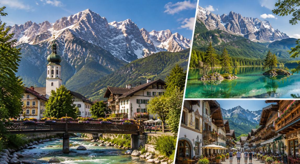Travel collage featuring the turquoise waters of Eibsee Lake, the dramatic Partnach Gorge, and the historic Ludwigstraße in Garmisch-Partenkirchen surrounded by the Bavarian Alps.