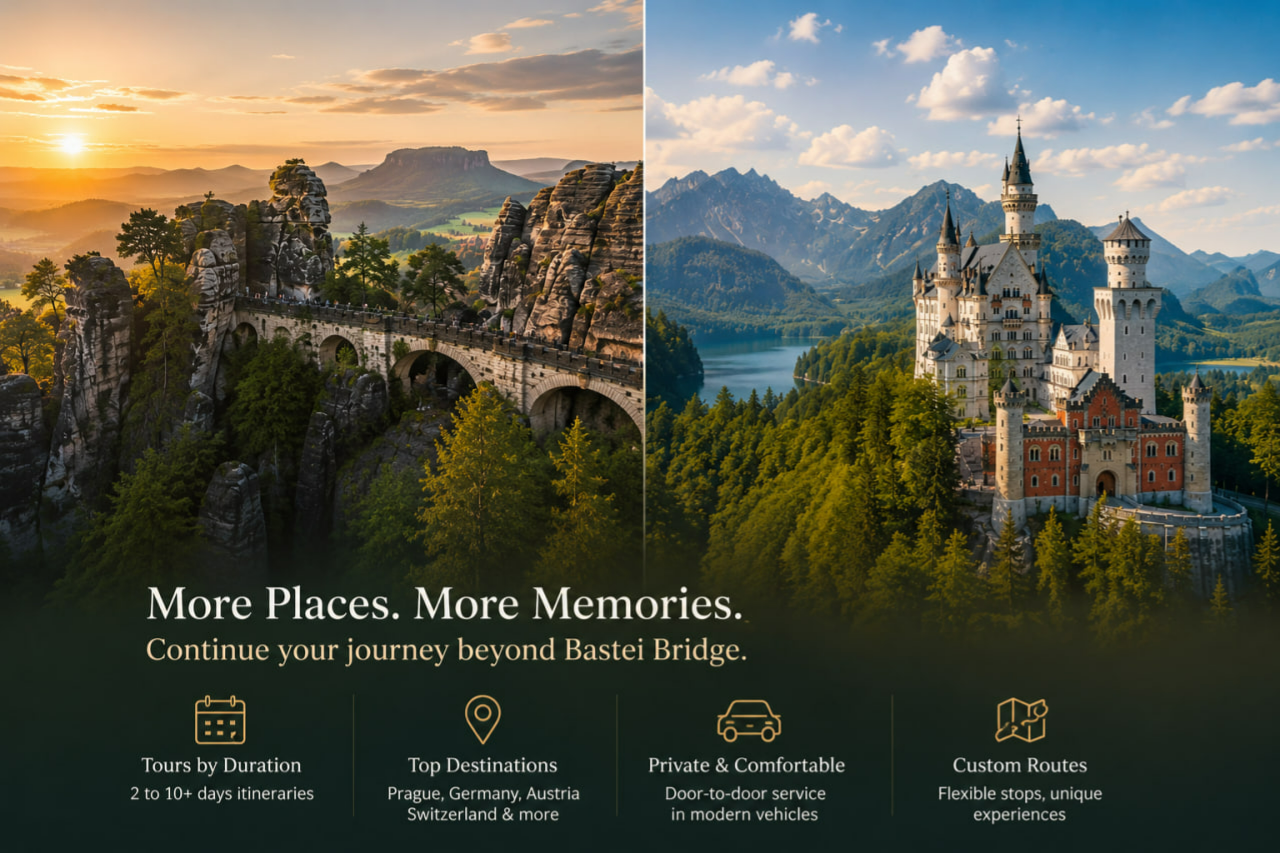 Bastei Bridge and Neuschwanstein Castle collage showcasing popular day trips and multi-day tours from Prague across Germany with CarGip private transfers.