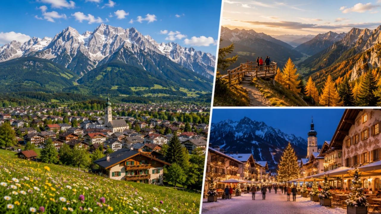 Travel collage showcasing Garmisch-Partenkirchen through the seasons, featuring panoramic Alpine views, colourful autumn landscapes, and a charming winter village illuminated with festive lights.