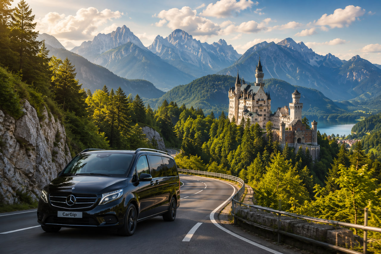 Mercedes-Benz V-Class driving through the Bavarian Alps toward Neuschwanstein Castle in Germany, showcasing one of Europe's most scenic road trips with breathtaking mountain landscapes and fairytale scenery.