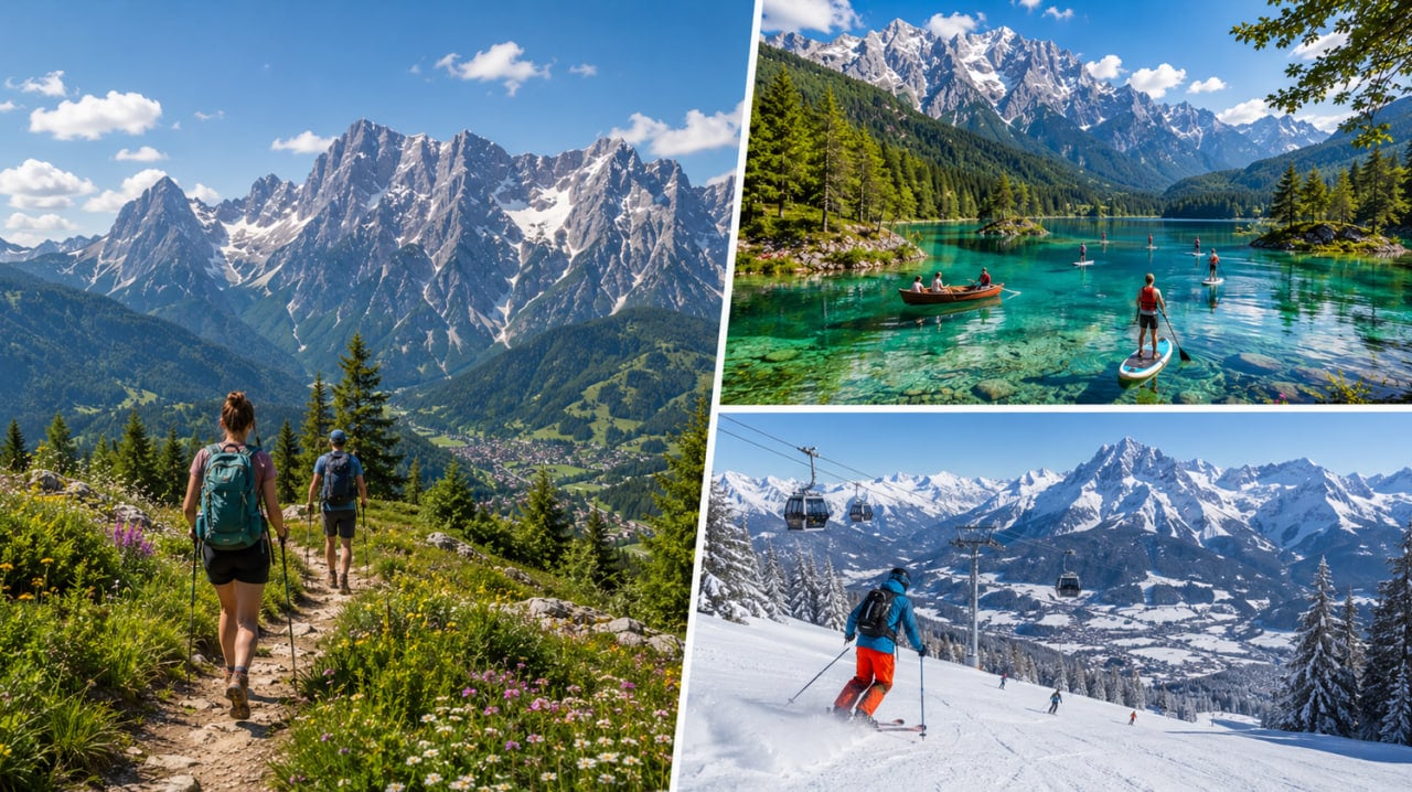Travel collage featuring scenic Alpine hiking trails, paddleboarding on the crystal-clear waters of Eibsee, and skiing beneath the snow-covered peaks of Zugspitze in Garmisch-Partenkirchen.