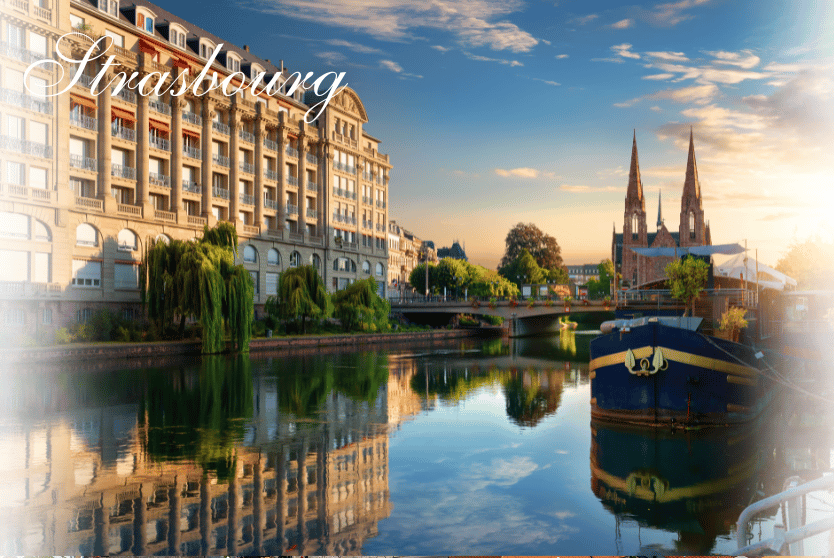Strasbourg Petite France canals — “Strasbourg half-timbered houses and canal reflections