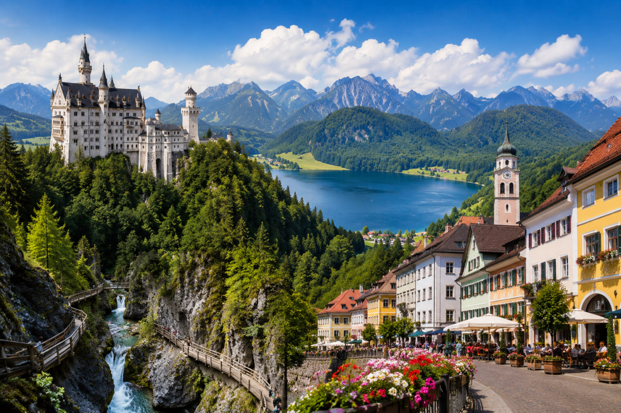 Neuschwanstein Castle overlooking Alpsee Lake,