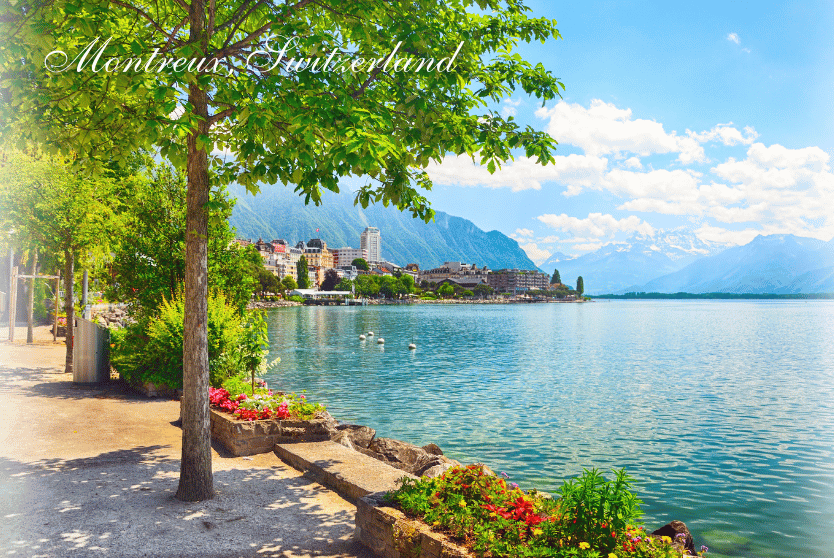 Montreux lakeside promenade with Alps in background