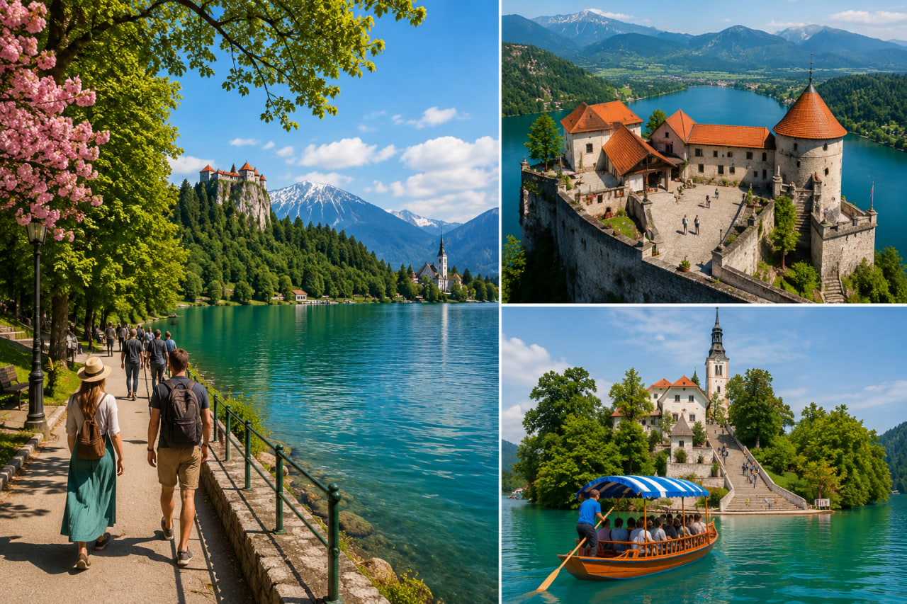 Travel collage featuring visitors walking along the scenic Lake Bled promenade