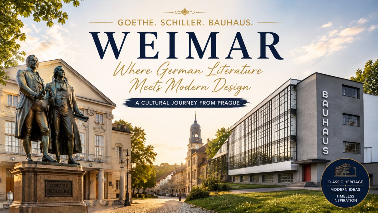 Weimar Goethe and Schiller monument with Bauhaus architecture in Germany