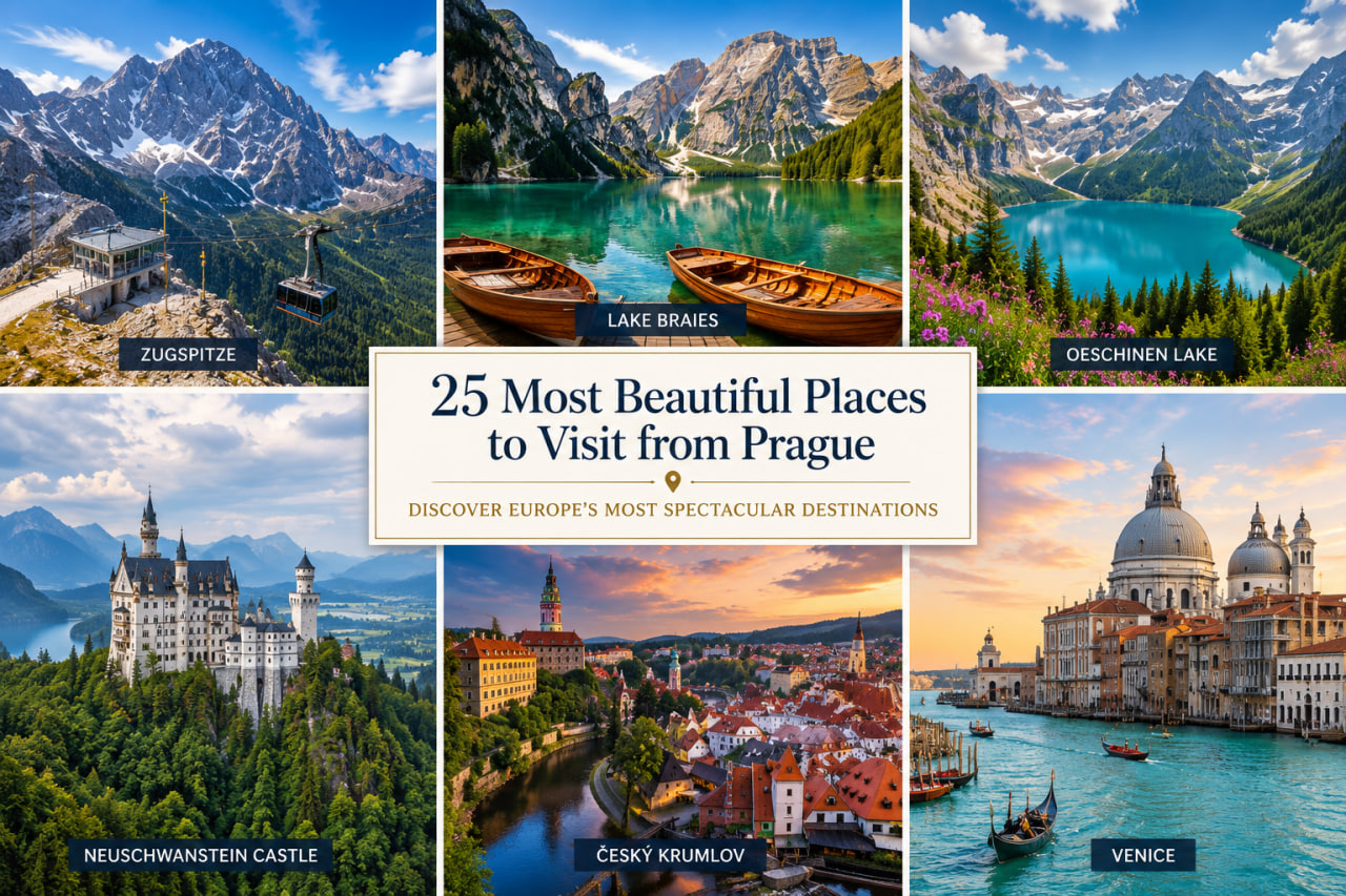 Collage of Europe's most beautiful destinations from Prague featuring Zugspitze, Lake Braies, Oeschinen Lake, Neuschwanstein Castle, Český Krumlov, and Venice in the Ultimate Europe Travel Guide.