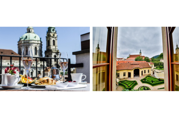 Luxury travellers exploring the historic streets of Malá Strana near Aria Hotel Prague, with Charles Bridge, elegant Baroque architecture, and Prague's iconic landmarks just a short walk away.