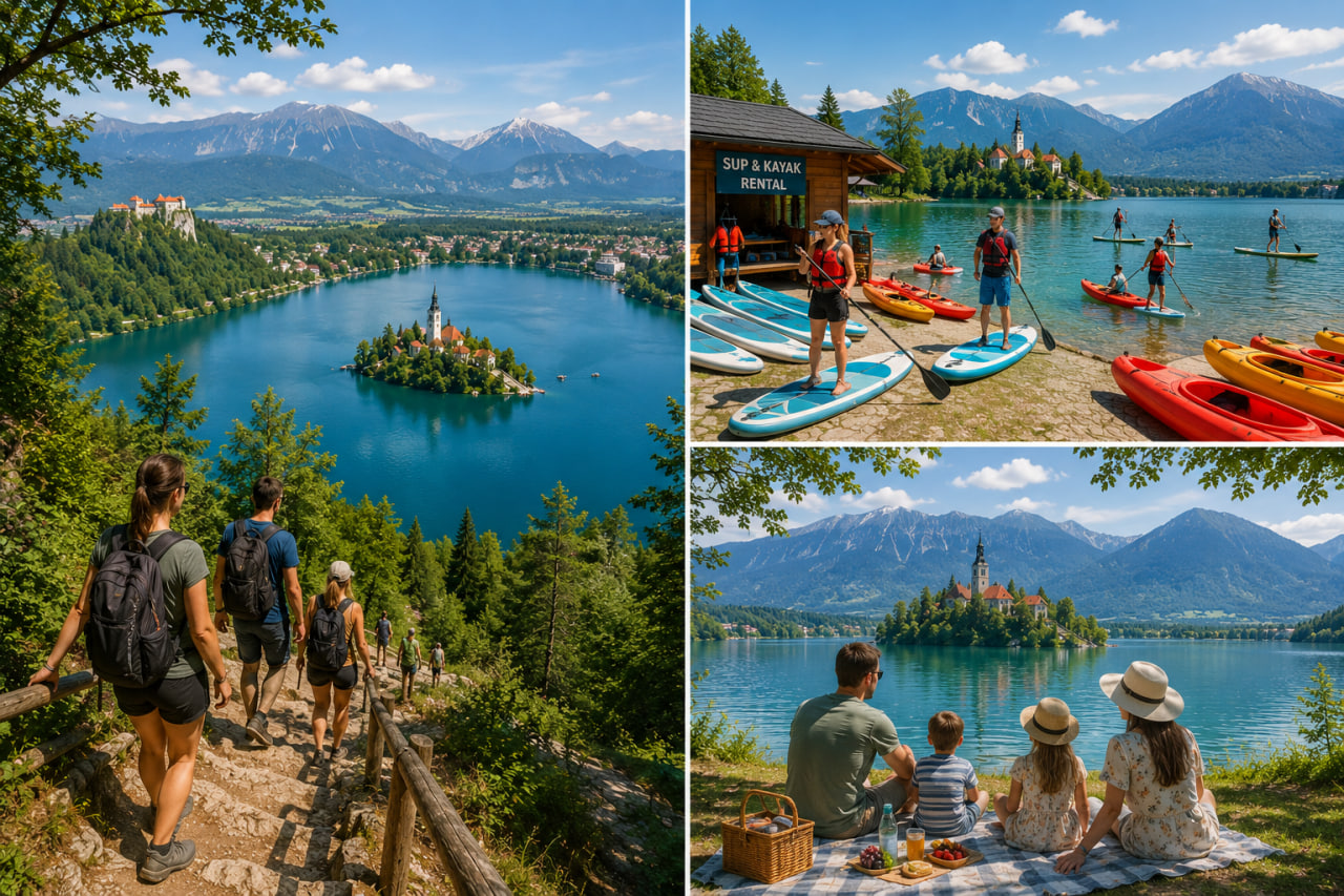 Travel collage featuring hikers descending from Ojstrica Viewpoint, paddleboarding and kayaking on Lake Bled, and a family enjoying a lakeside picnic with panoramic views of Bled Island, the Julian Alps, and Slovenia's iconic Alpine landscape.