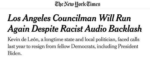 New York Times headline on Kevin de León's racist tape