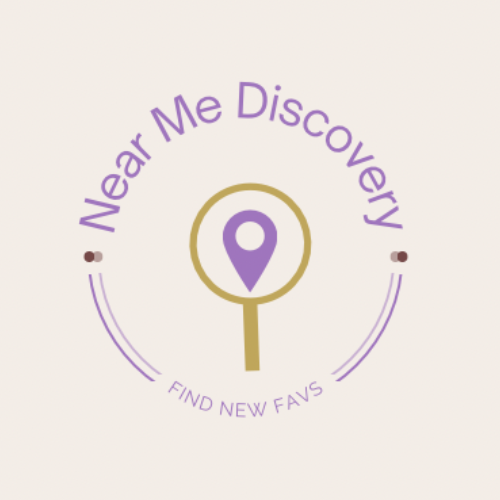Brand logo for Near Me Discovery, with the signature purple and gold colors with a location icon inside of a search icon, encircled by the brand name Near Me Discovery and the phrase 