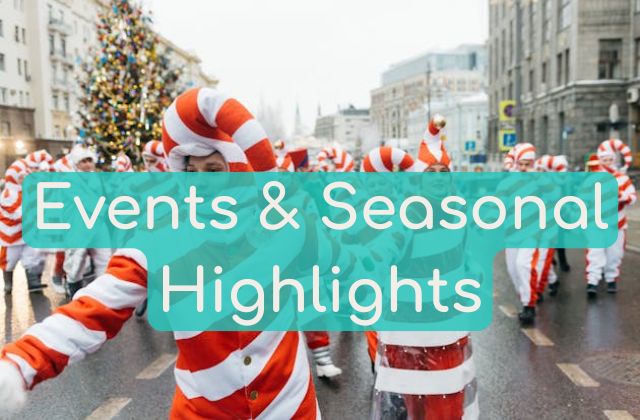 A seasonal event parade, specifically showing Christmas holiday decorations and costumes and similarly themed outfits, presented as the Near Me Discovery Events & Seasonal Highlights blog content hub image