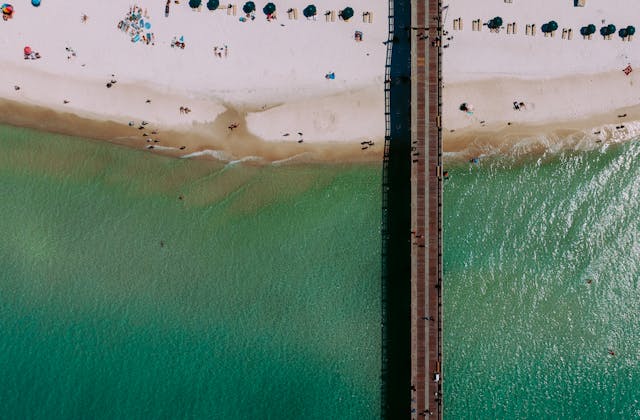 Beautiful aerial picture of the beach in Panama City Beach, FL on the Florida Emerald Coast which includes the soft white sand, calming turquoise waters, and a few beach chairs and people scattered along the sandy beachside in view as well as the pier jutting out into the water, presented as the image for the Near Me Discovery blog content hub image for Things To Do near me and near you, including local businesses and small businesses such as local products and local services, bars, restaurants, shops, entertainment, shows, and other local attractions