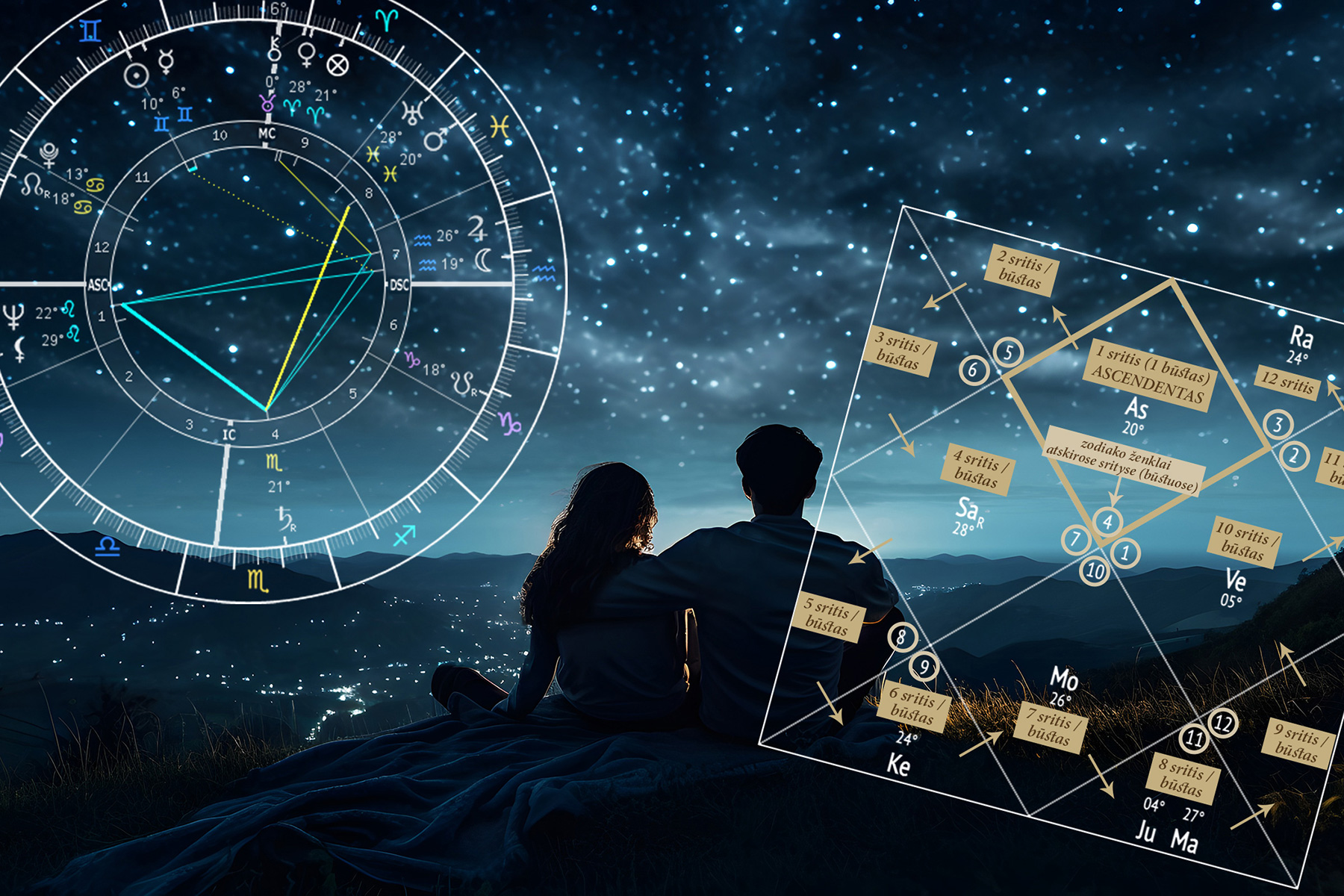 Vedų (rytų) ir vakarų astrologijos diagramos