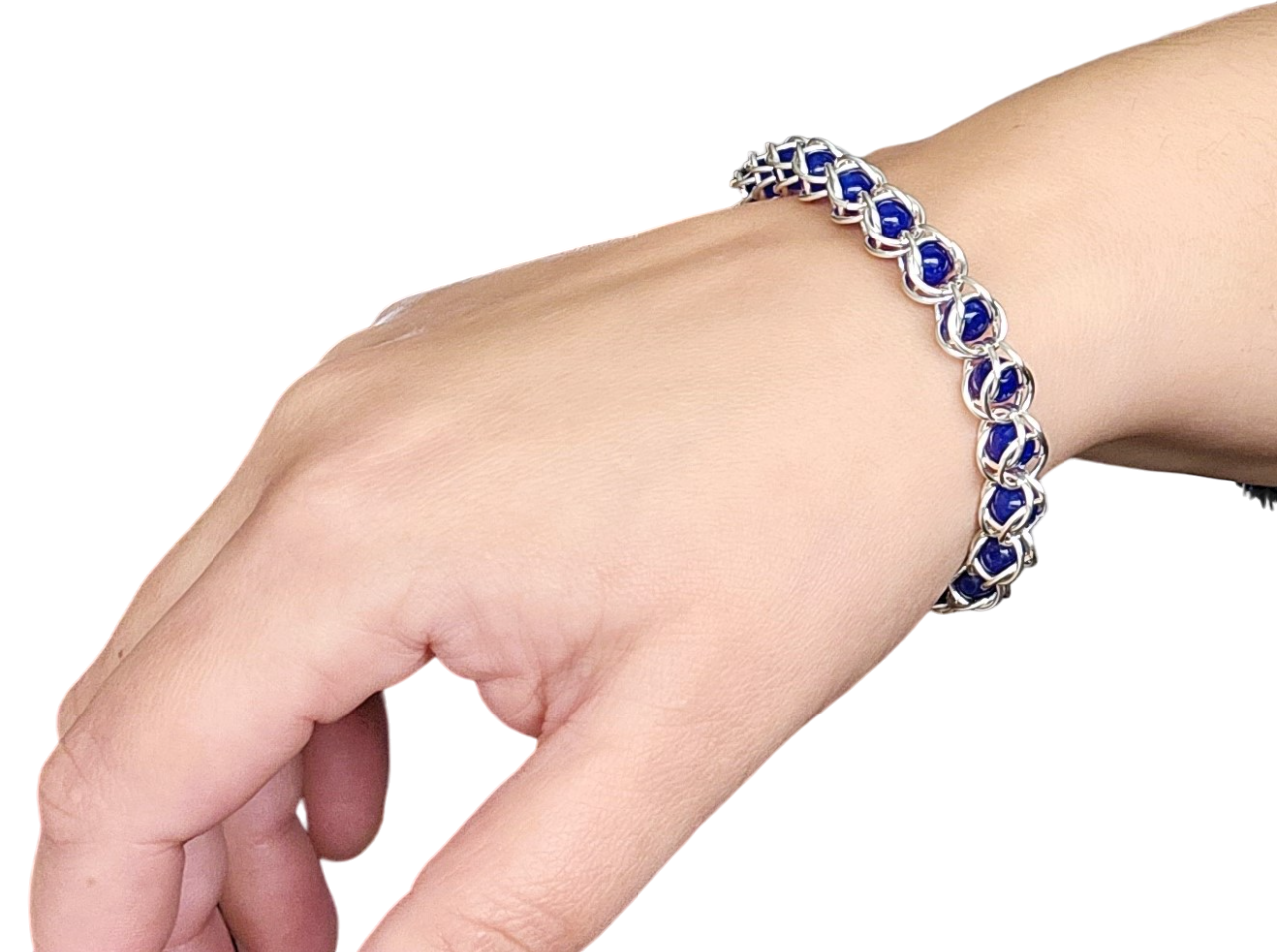 captured beads bracelet with silver-filled jump rings and blue jade beads