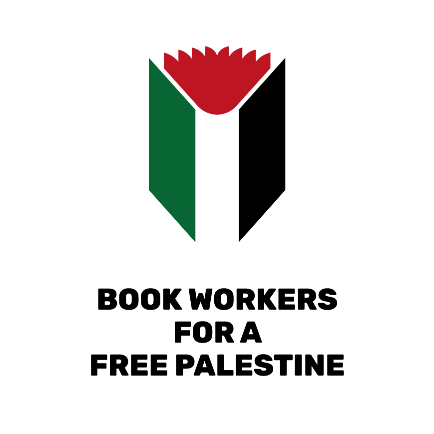 The Book Workers for a Free Palestine Logo consisting of a book design in the colours of the Palestinian flag, next to the name.