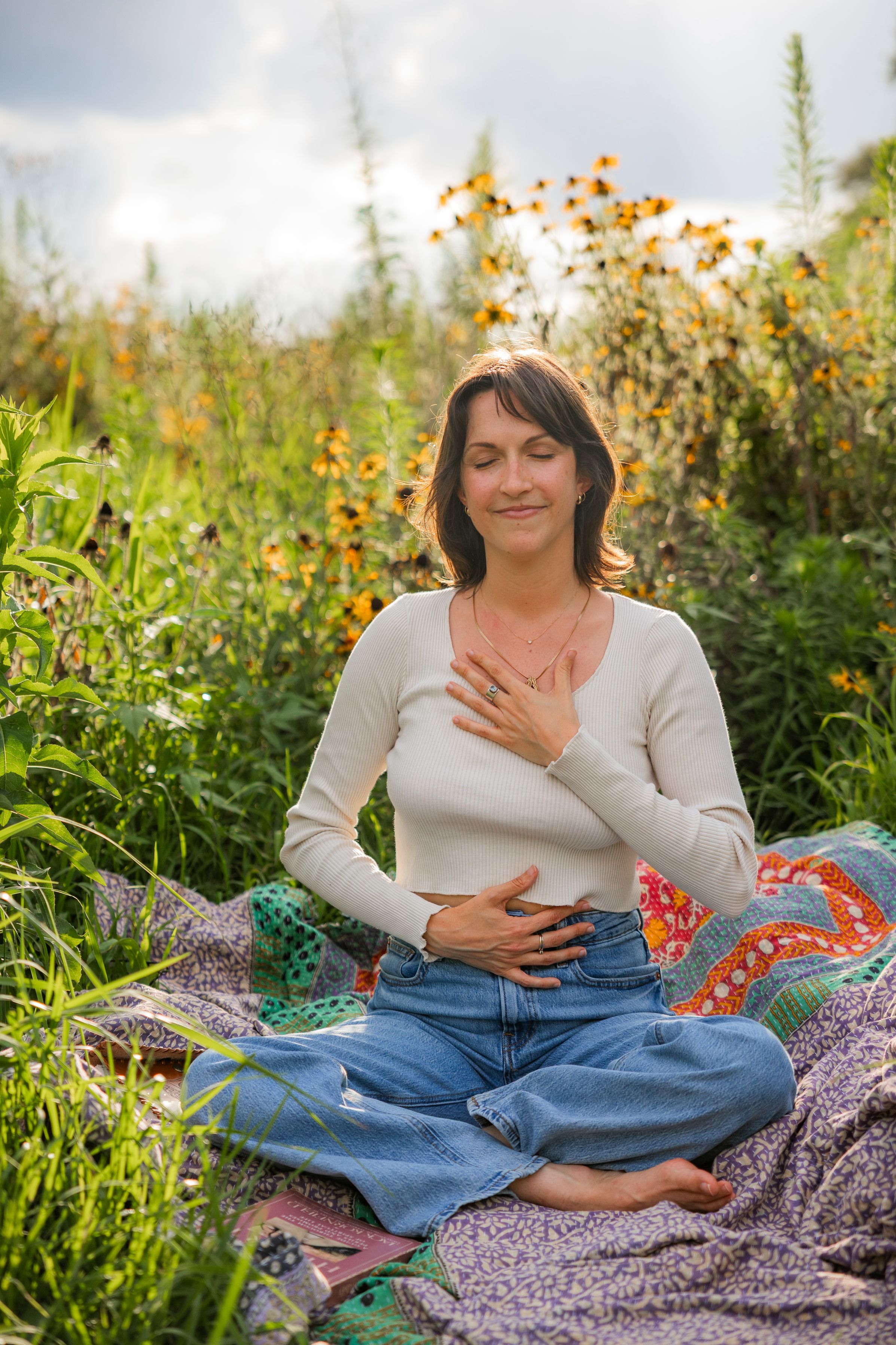 neon letters with the words 'and breathe' hidden in dark green, tropical foilage