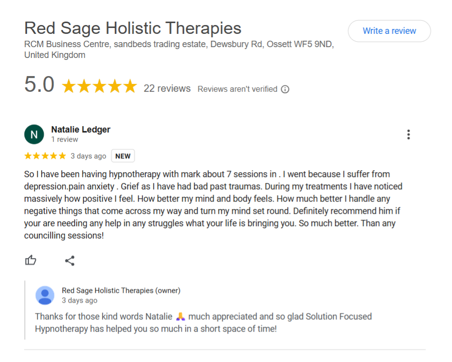 Image of Testimonial for Mark O'Hanlon at Red Sage Holistic Therapies clinic in Ossett, Wakefield, west Yorkshire, UK.