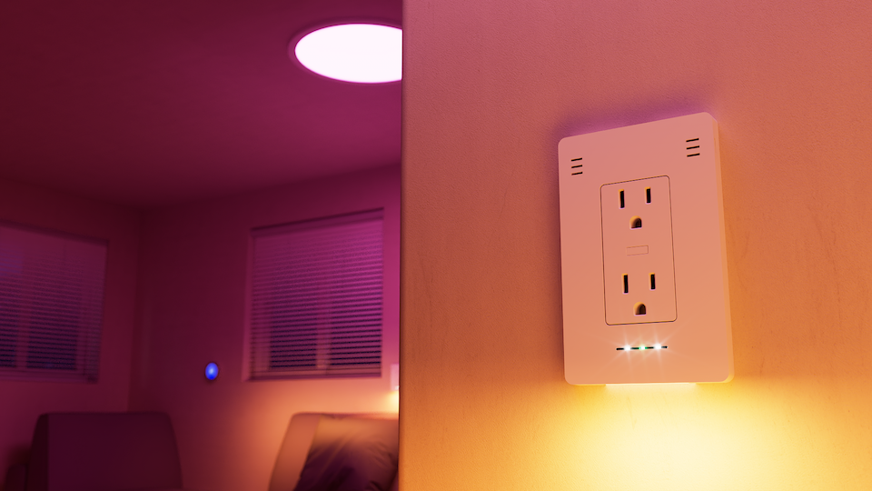 Close-up shot of InvisOutlet Aura in a home setting, featuring it's RGB light.