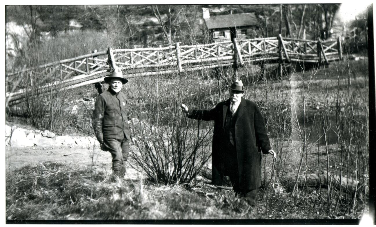 Louis Pammel is pictured with Carl Fritz Hemming in front of a bridge at Ledges State Park in this undated photo. (Image courtesy of Iowa State University Library Special Collections and University Archives)