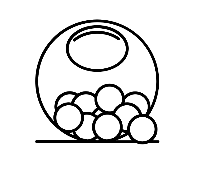 Line drawing graphic of lottery balls and a round bowl