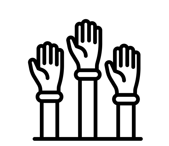 Line drawing graphic of three hands raised