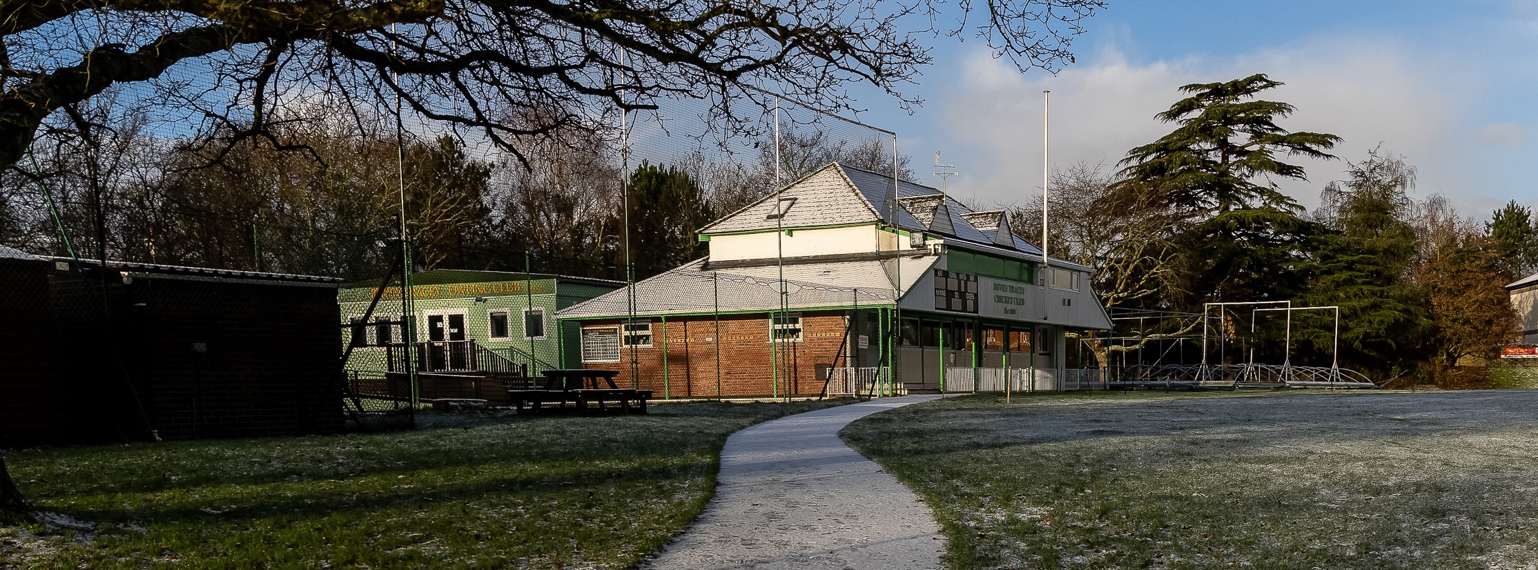 Frosty side view of the Bovey Tracey Cricket Club Pavilion