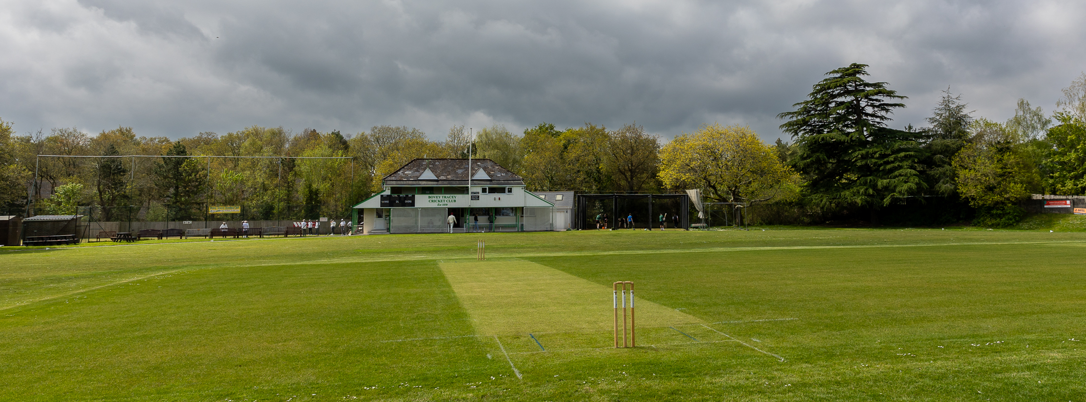 View from the crease of the Bovey Tracey Cricket Club Pavilion