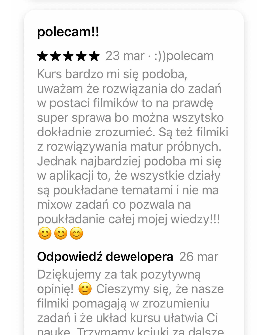 Pozytywna opinia o kursie online z matematyki. Użytkownik chwali filmy, układ tematów i podejście do zadań maturalnych. Kurs jes alternatywą dla korepetycji.