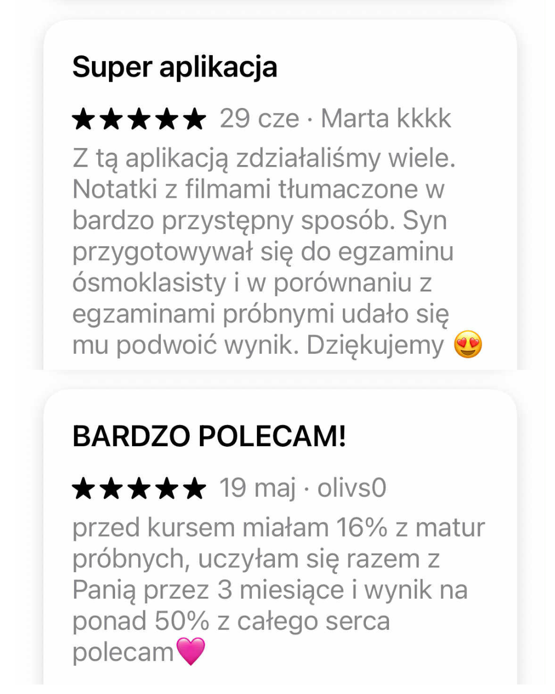 Pozytywne opinie klientów o kursie online z matematyki. Uczeń przygotowywał się do egzaminu ósmoklasisty, a kursantka osiągnęła wyższy wynik niż z matury próbnej. Skuteczna alternatywa dla korepetycji.