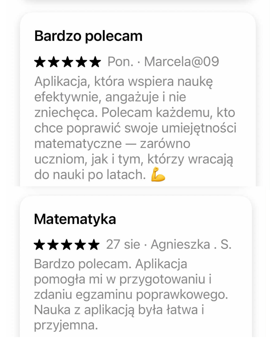 Pozytywne opinie o kursie matematyki online. Aplikacja wspiera naukę, efektywne przygotowanie do sprawdzianu, egzaminu ósmoklasisty, matury, zastępując tradycyjne korepetycje online.