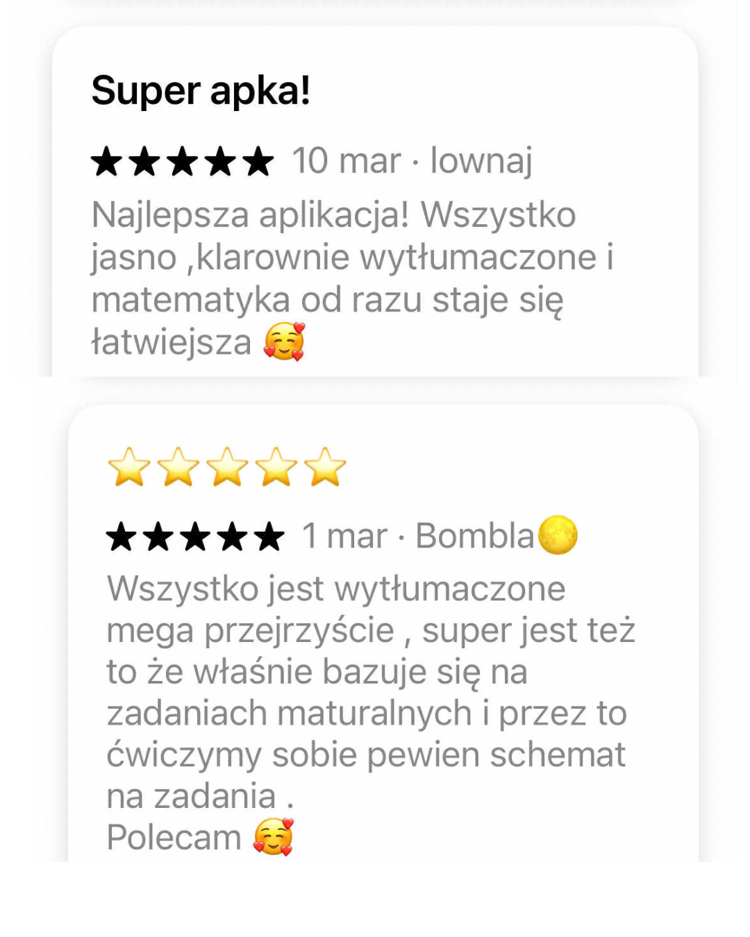 Pozytywne opinie o kursie online z matematyki. Aplikacja pomaga w przygotowaniu do zadań maturalnych. Wszystko jasno wytłumaczone, matematyka staje się łatwiejsza. Alternatywa dla korepetycji.