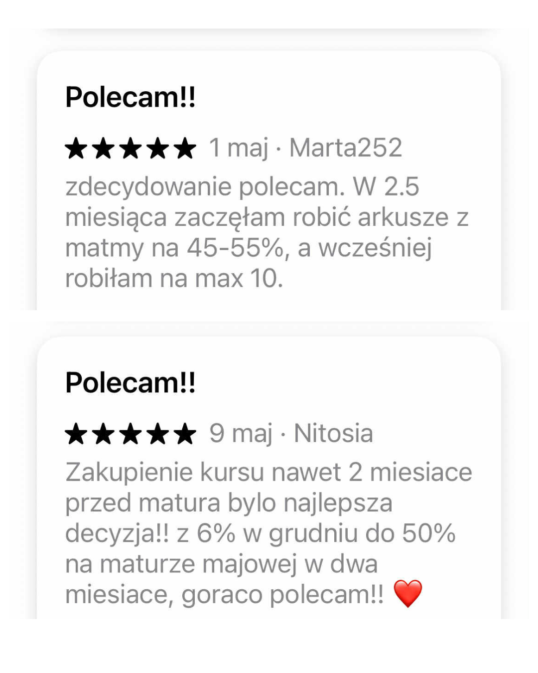 Pozytywne opinie o kursie online z matematyki. Uczniowie zwiększyli swoje wyniki z 10% do 45-55% oraz z 6% do 50% na maturze w krótkim czasie. Kurs to skuteczna alternatywa dla korepetycji.