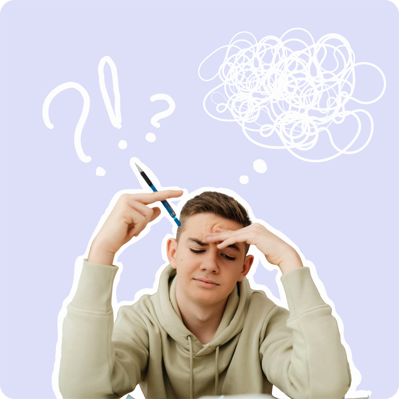 Uczeń myślący nad zadaniem, mający problem z materiałem szkolnym. Trzyma w ręce długopis i zastanawia się nad zadaniem lub tematem zajęć. W tle chmura myśli, wykrzyknik i pytajniki.