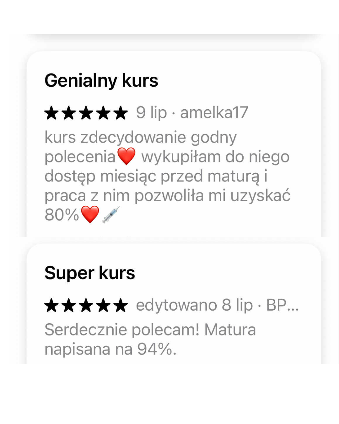 Pozytywne opinie o kursie online z matematyki. Uczniowie osiągnęli 80% i 94% na maturze. Kurs jest genialny i godny polecenia.