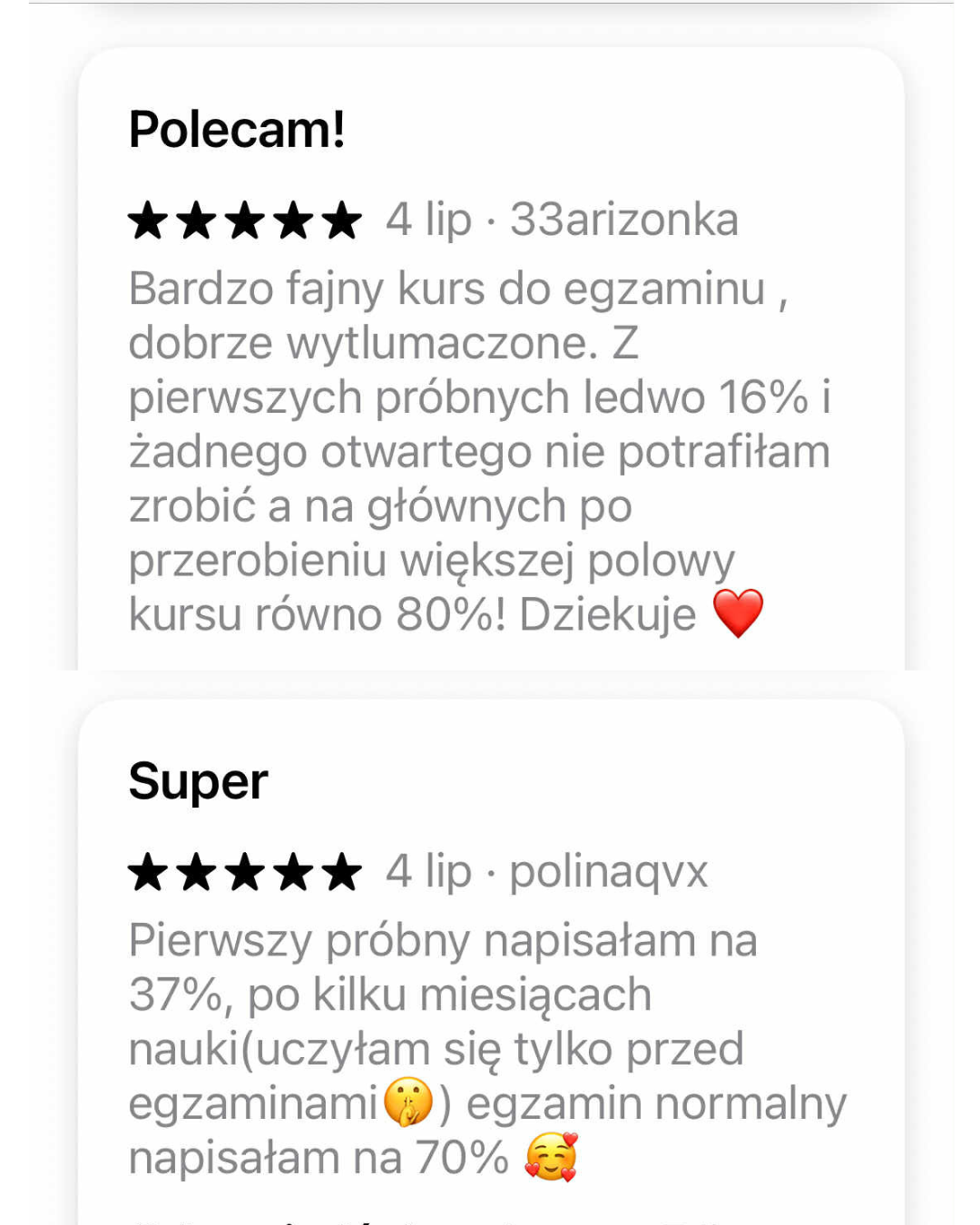 Pozytywne opinie o kursie online z matematyki. Uczniowie zwiększyli wyniki na egzaminach z 16% na 80% oraz z 37% na 70%. Kurs zapewnia doskonałe przygotowanie do egzaminów. Alternatywa korepetycji.