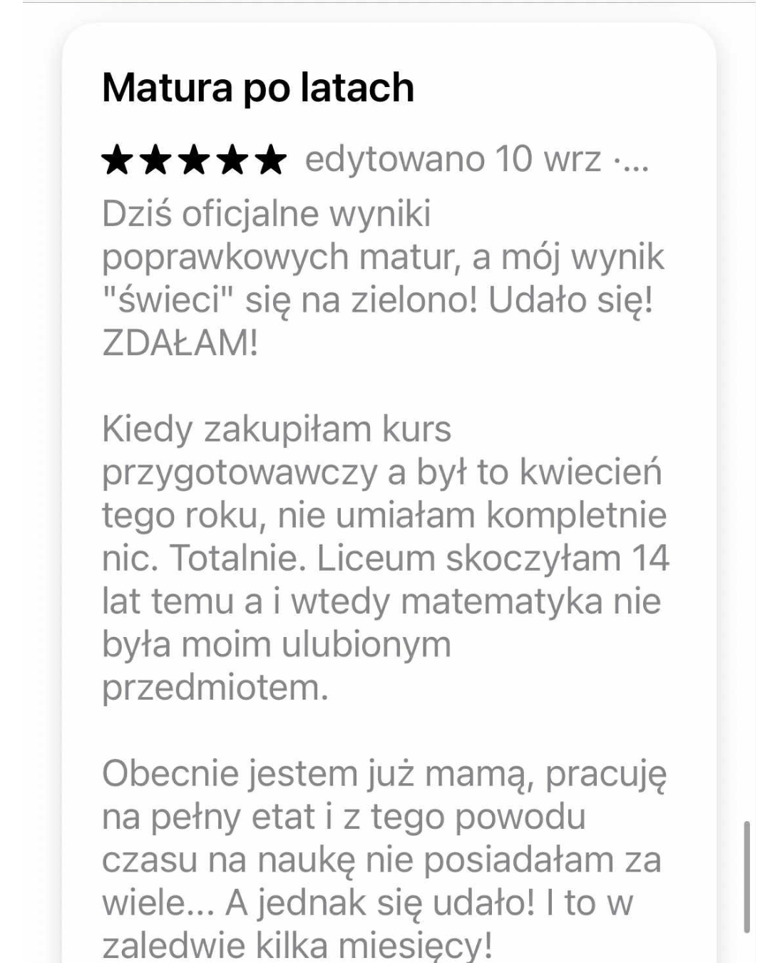 Pozytywna opinia o kursie z matematyki. Przygotowanie do matury po latach nauki. Kurs online pomógł nadrobić zaległości i zdać maturę. Alternatywa dla korepetycji.