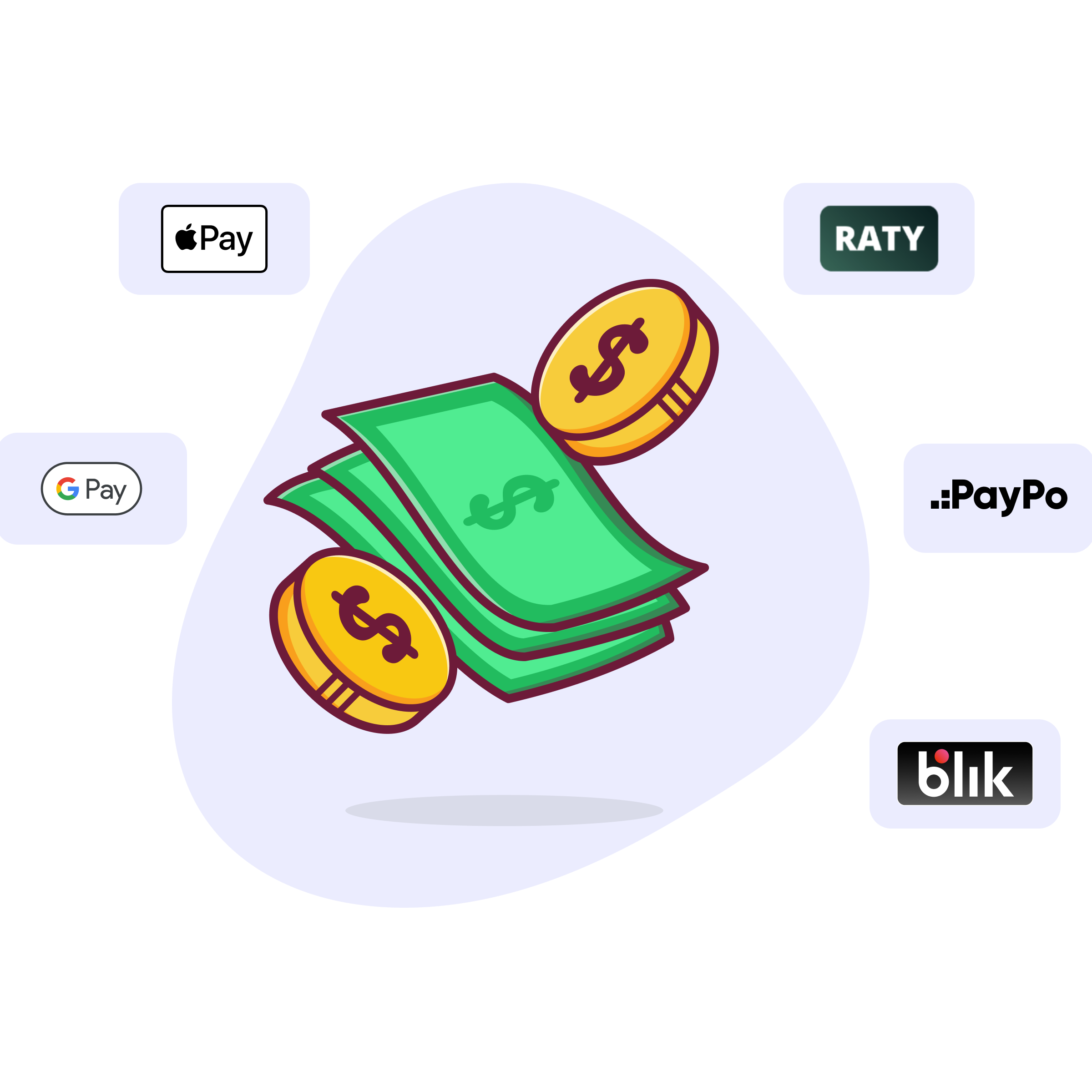 Grafika przedstawia grafikę z pieniędzmi oraz elastycznymi metodami płatności za kursy online gryzie.pl: Raty, BLIK, PayPo, Google Pay, Apple Pay.