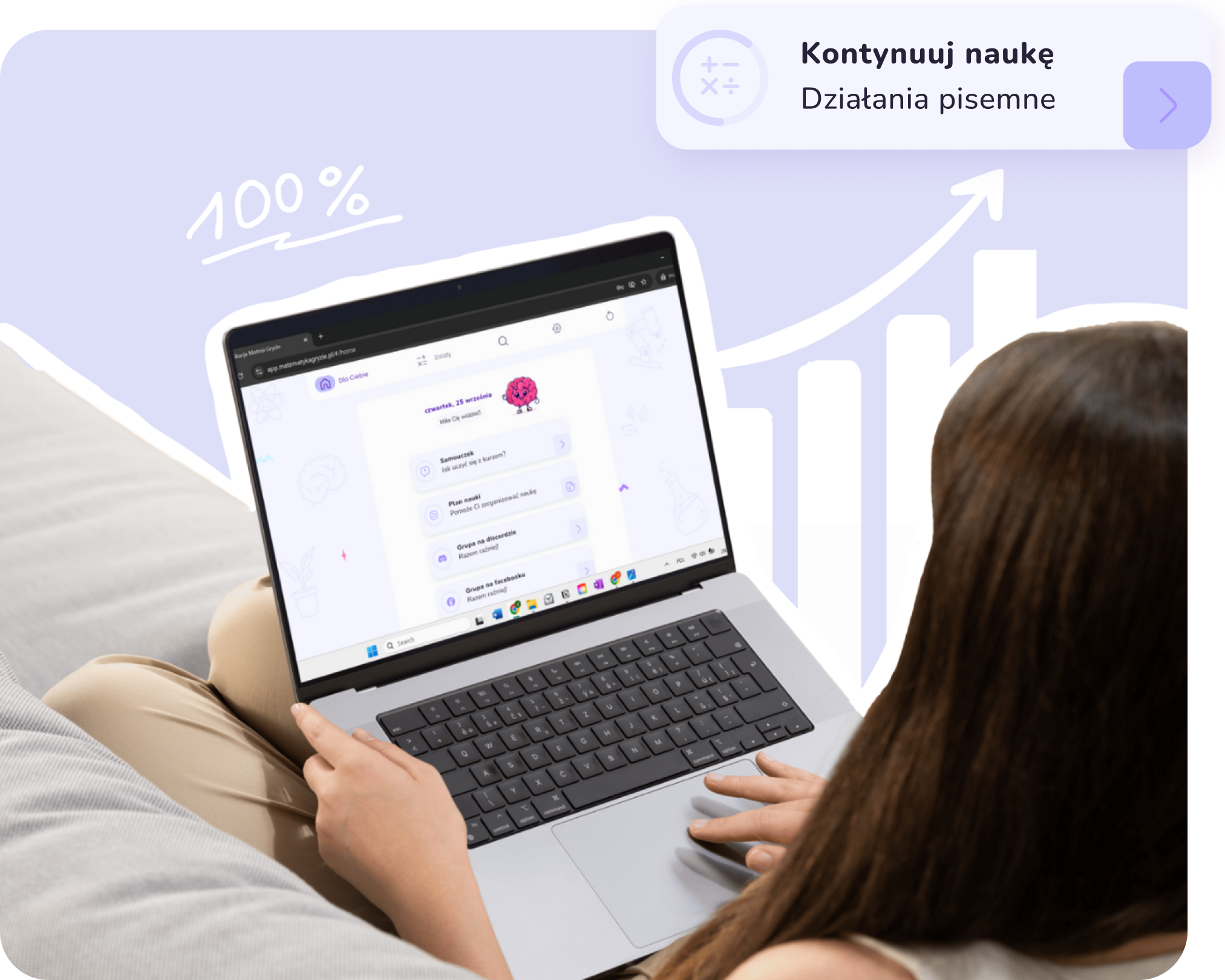 Korepetycje online z matematyki na platformie, interfejs kursu online i wykres postępów